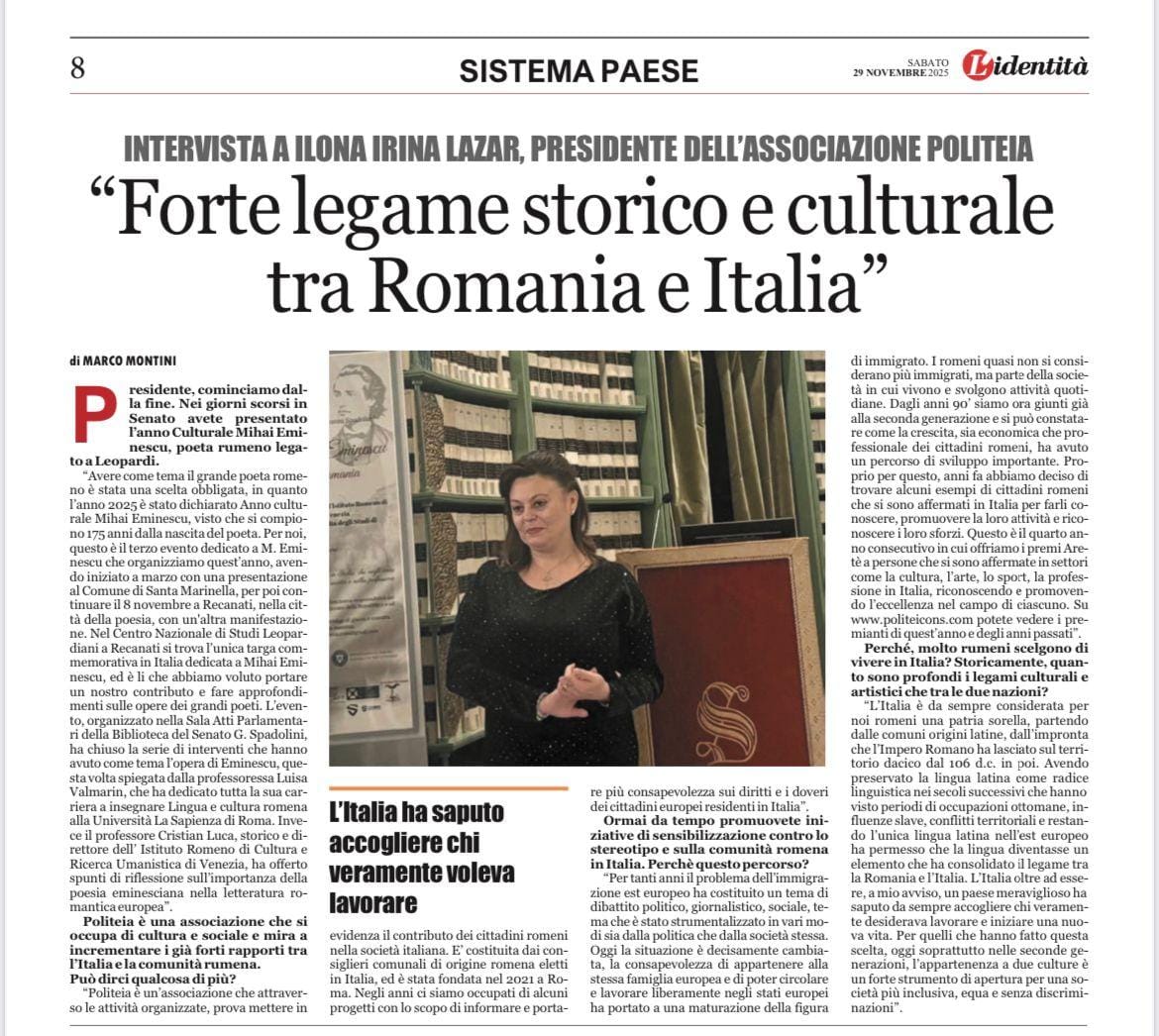 Politeia su L’Identità: la nostra Presidente racconta il valore del ponte culturale Romania-Italia